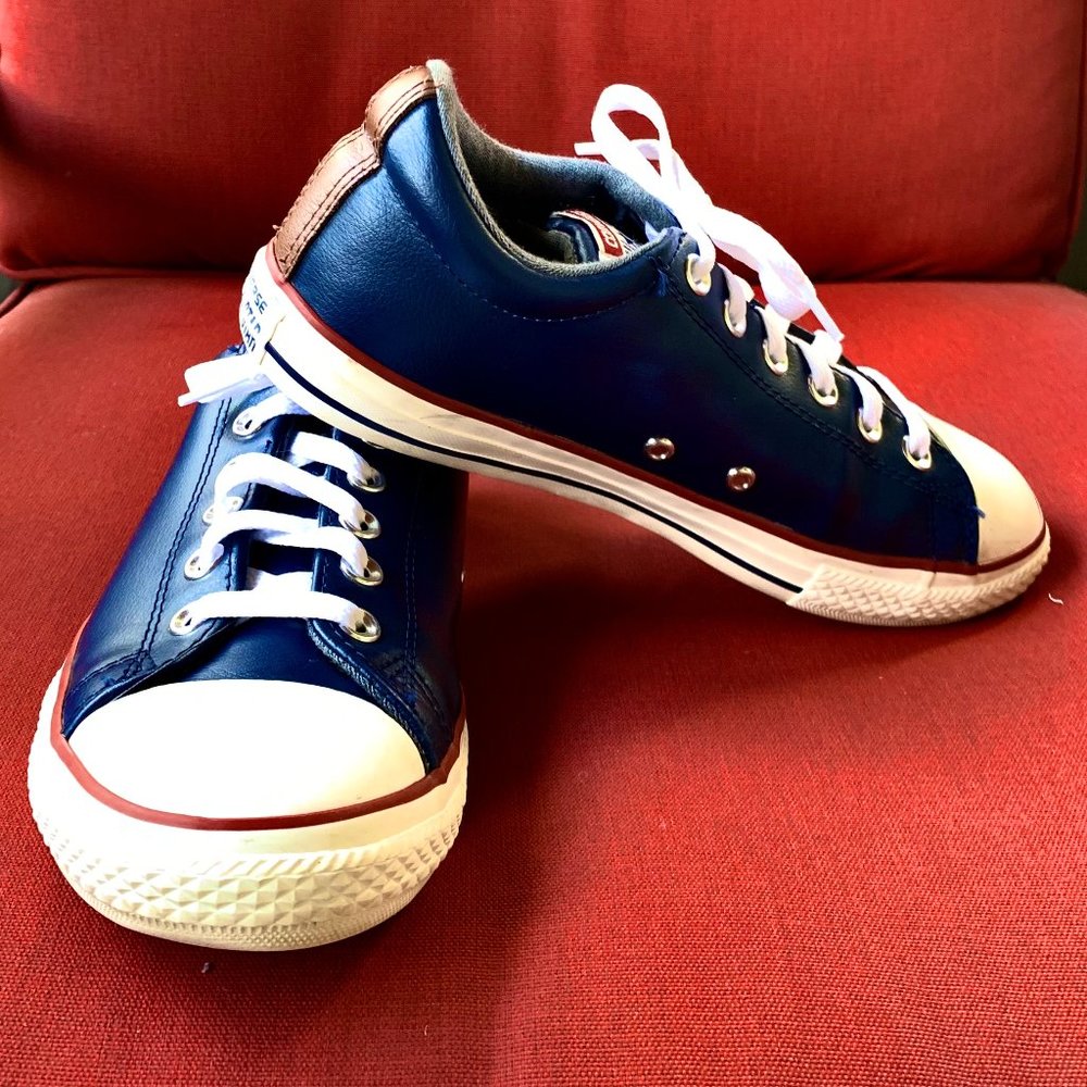 "Converse All Star"  navy, low top, leather, Jr size 6 (8 women,s)